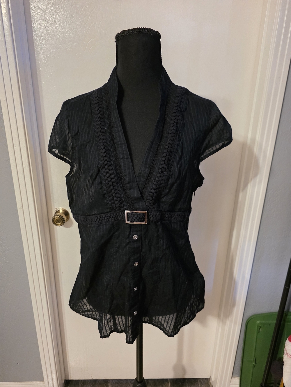 Express Black V-Neck Short Sleeve Women's Top with Belt Detail